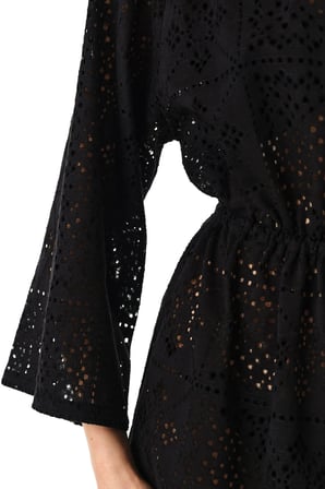 Si̇yah Jasmine Etnik Desenli Dantelli Uzun Kollu Kimono