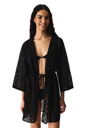 Si̇yah Jasmine Etnik Desenli Dantelli Uzun Kollu Kimono