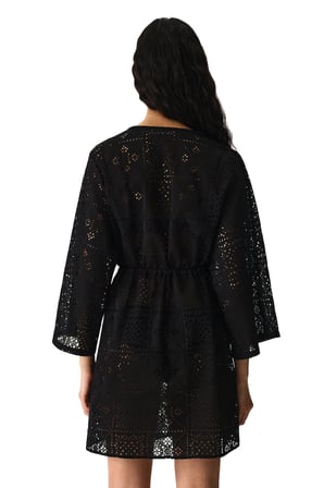 Si̇yah Jasmine Etnik Desenli Dantelli Uzun Kollu Kimono