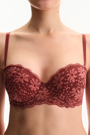 Bordo Pop Dantelli Çiçekli Pedli Push Up Sütyen