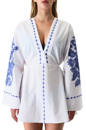 Beyaz Giana Çiçekli Uzun Kollu Kaftan