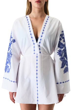 Beyaz Giana Çiçekli Uzun Kollu Kaftan