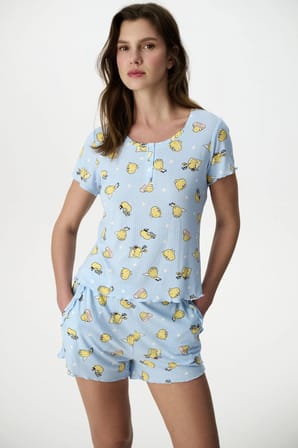 Açık Mavi Happiness Fitilli Hayvan Desenli Kısa Kollu Şort Pijama Takımı