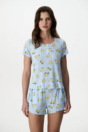 Açık Mavi Happiness Fitilli Hayvan Desenli Kısa Kollu Şort Pijama Takımı