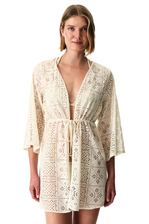 Ekru Jasmine Etnik Desenli Dantelli Uzun Kollu Kimono