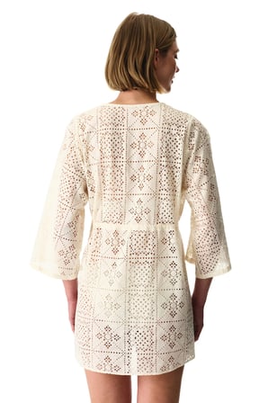 Ekru Jasmine Etnik Desenli Dantelli Uzun Kollu Kimono