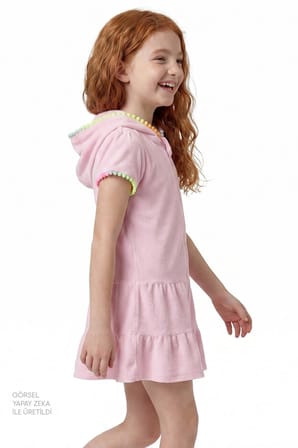 Kız Çocuk Pembe Sweet Ponponlu Kısa Kollu Havlu Kaftan