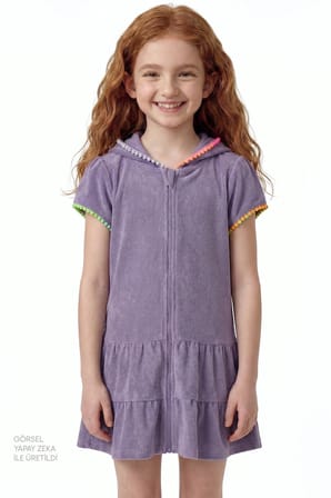 Kız Çocuk Lila Sweet Pastel Lilac Ponponlu Kısa Kollu Havlu Kaftan