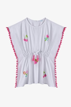 Kız Çocuk Beyaz Fruit Meyve Desenli Ponponlu Kaftan