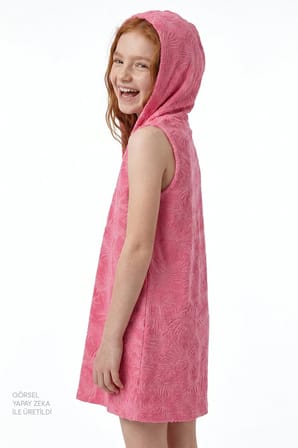Kız Çocuk Dokulu Pinky Çiçekli Ponponlu Havlu Elbise