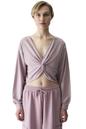Pembe Büzgülü V Yaka Pamuk Modal Karışımlı Sweatshirt