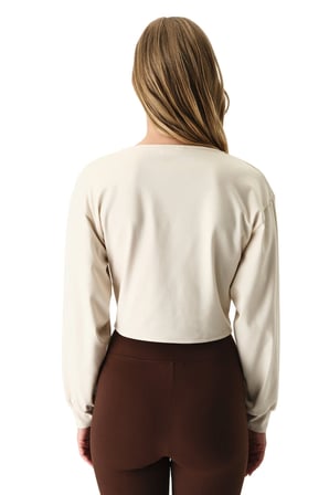 Açık Bej Büzgülü V Yaka Pamuk Modal Karışımlı Sweatshirt