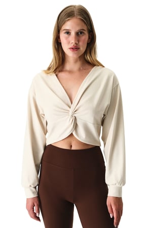 Açık Bej Büzgülü V Yaka Pamuk Modal Karışımlı Sweatshirt