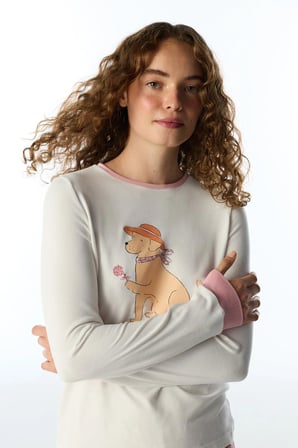 Kırık Beyaz Countryside Köpek Desenli Uzun Kollu Tişört Pijama Üstü