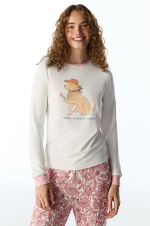 Kırık Beyaz Countryside Köpek Desenli Uzun Kollu Tişört Pijama Üstü