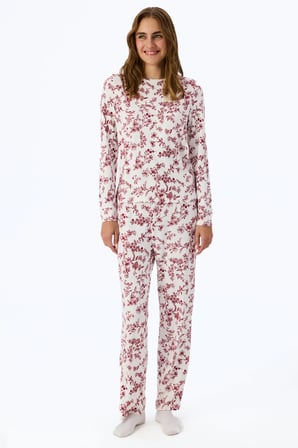 Kırık Beyaz Rahat Çiçekli Uzun Kollu Pantolon Pijama Takımı