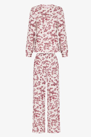 Kırık Beyaz Rahat Çiçekli Uzun Kollu Pantolon Pijama Takımı