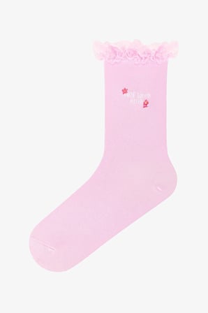Pembe Self Love Pamuklu Slogan Desenli Dantelli Soket Çorap