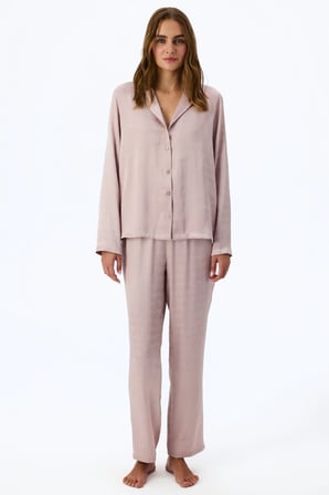 Pastel Pembe Romantik Saten Slogan Desenli Uzun Kollu Gömlek Pantolon Pijama Takımı