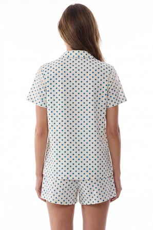 Ekru Blue Puantiye Desenli Kısa Kollu Gömlek Şort Pijama Takımı