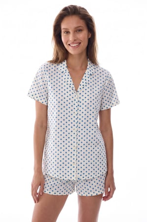 Ekru Blue Puantiye Desenli Kısa Kollu Gömlek Şort Pijama Takımı