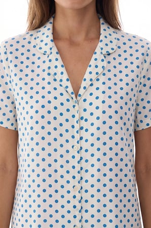 Ekru Blue Puantiye Desenli Kısa Kollu Gömlek Şort Pijama Takımı