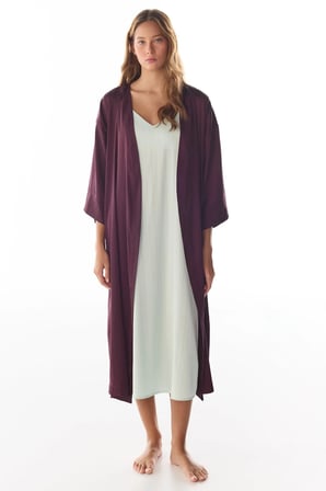 Bordo Aurora Saten Çiçekli 3/4 Kollu Sabahlık