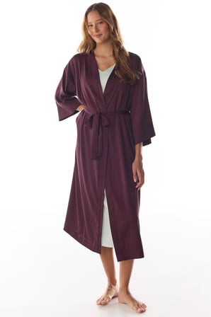 Bordo Aurora Saten Çiçekli 3/4 Kollu Sabahlık