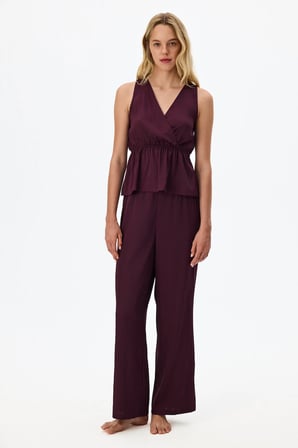 Bordo Aurora Dark Saten Çiçekli Atlet Pijama Üstü