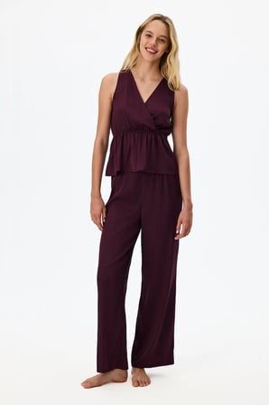 Bordo Aurora Dark Saten Çiçekli Atlet Pijama Üstü