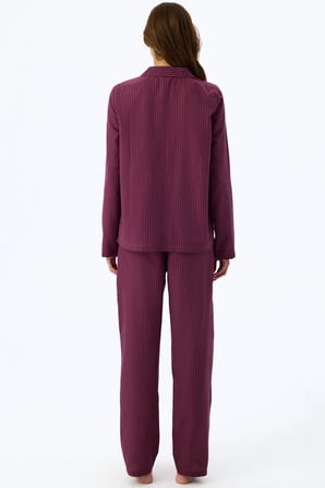 Bordo Lea Çizgili Uzun Kollu Gömlek Pantolon Pijama Takımı