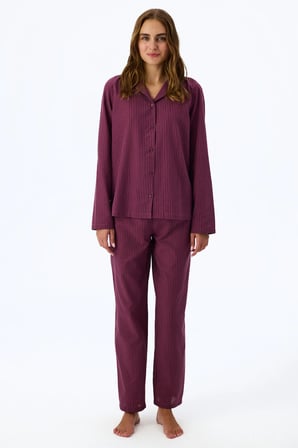 Bordo Lea Çizgili Uzun Kollu Gömlek Pantolon Pijama Takımı