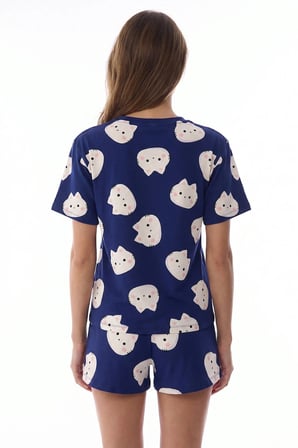 Lacivert Happy Cats Kedi Desenli Kısa Kollu Şort Pijama Takımı