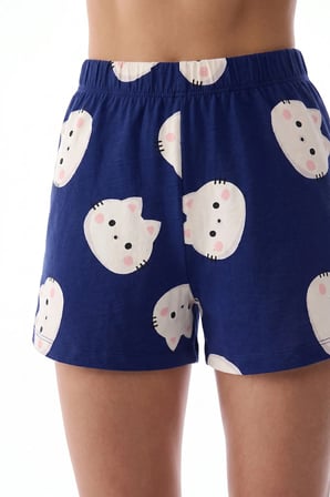 Lacivert Happy Cats Kedi Desenli Kısa Kollu Şort Pijama Takımı