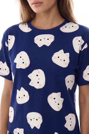 Lacivert Happy Cats Kedi Desenli Kısa Kollu Şort Pijama Takımı