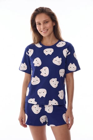 Lacivert Happy Cats Kedi Desenli Kısa Kollu Şort Pijama Takımı