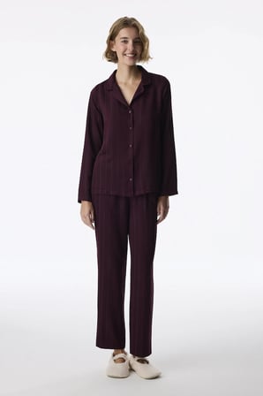 Bordo Maroon Saten Çizgili Uzun Kollu Gömlek Pantolon Pijama Takımı