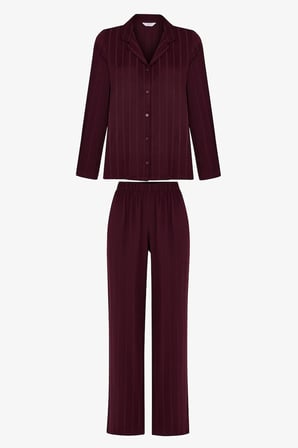 Bordo Maroon Saten Çizgili Uzun Kollu Gömlek Pantolon Pijama Takımı