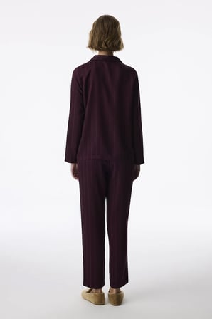 Bordo Maroon Saten Çizgili Uzun Kollu Gömlek Pantolon Pijama Takımı