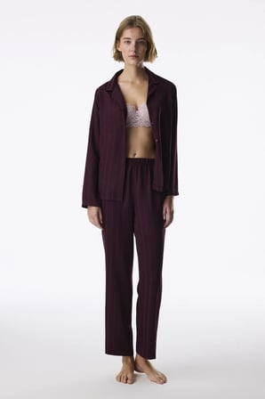 Bordo Maroon Saten Çizgili Uzun Kollu Gömlek Pantolon Pijama Takımı