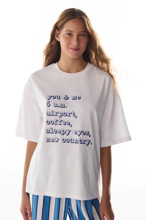 Beyaz Vacation Slogan Desenli Kısa Kollu Tişört Pijama Üstü