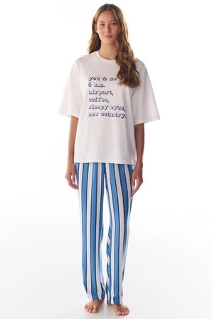 Beyaz Vacation Slogan Desenli Kısa Kollu Tişört Pijama Üstü