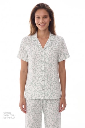 Yeşil Leopar Kısa Kollu Gömlek Pantolon Pijama Takımı