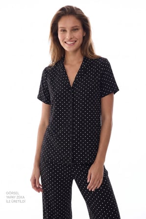 Siyah White Puantiye Desenli Kısa Kollu Gömlek Pantolon Pijama Takımı