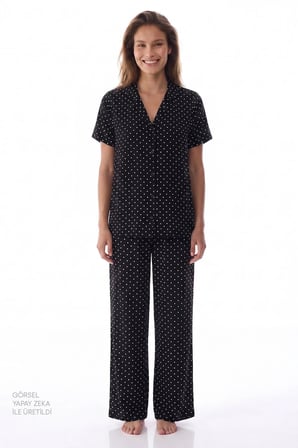 Siyah White Puantiye Desenli Kısa Kollu Gömlek Pantolon Pijama Takımı