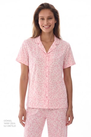 Pembe Leopar Kısa Kollu Gömlek Pantolon Pijama Takımı