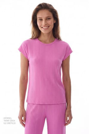 Lila Flora Kısa Kollu Pantolon Pijama Takımı