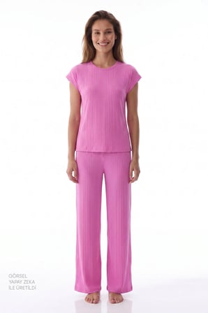 Lila Flora Kısa Kollu Pantolon Pijama Takımı