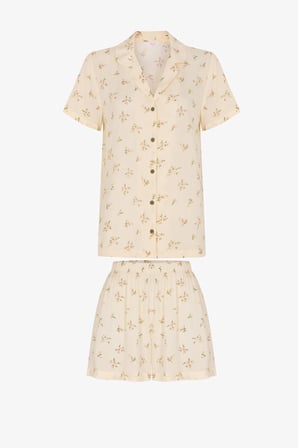 Ekru Blossom Çiçekli Kısa Kollu Gömlek Şort Pijama Takımı