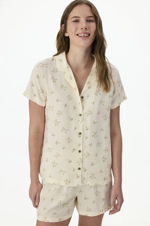 Ekru Blossom Çiçekli Kısa Kollu Gömlek Şort Pijama Takımı